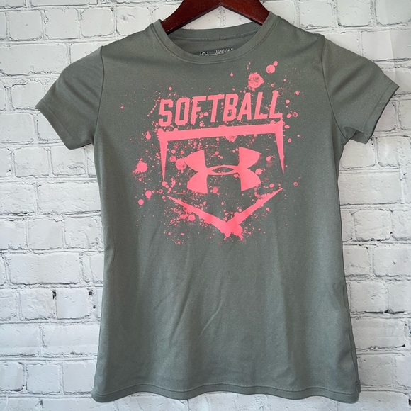 under armour heat gear gray & pink shirt size YMD - Picture 2 of 6